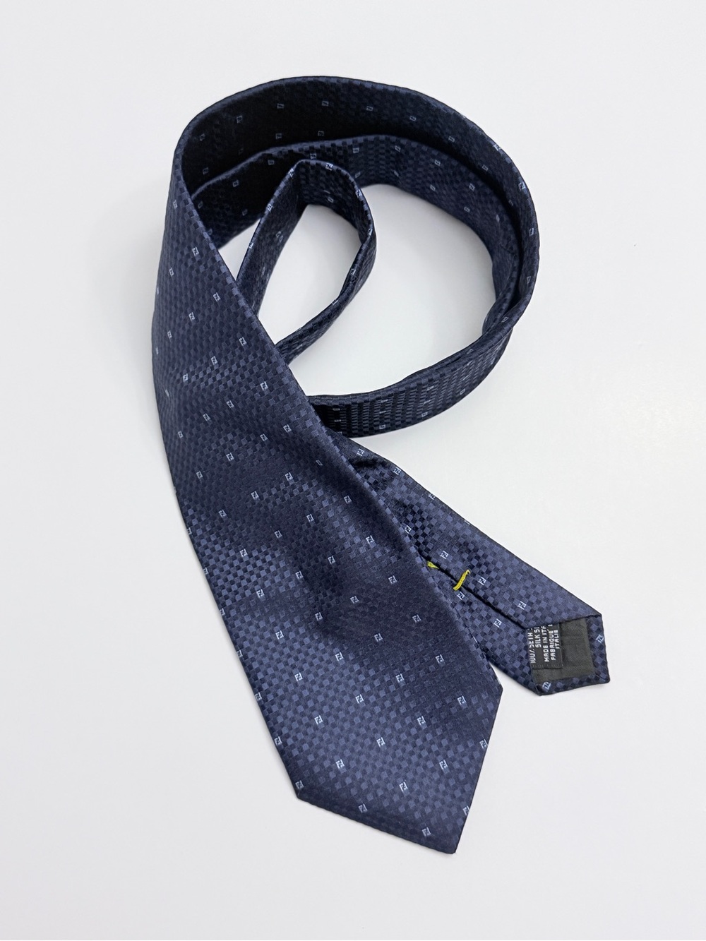 Fendi Italy Navy Blue Micro FF Monogram Silk Necktie